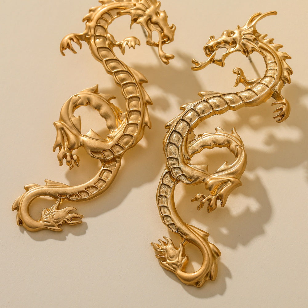 Golden Chinese Dragon Shape Earrings